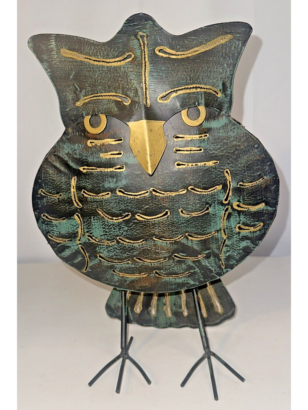 Artisan crafted handmade Metal Owl Tealight Holder Black Gold Green illuminator